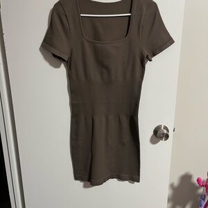 Square Neck Ribbed Bodycon Mini Dress in Brown